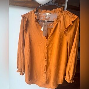 Hem and thread lace blouse pumpkin orange button down size small nwt